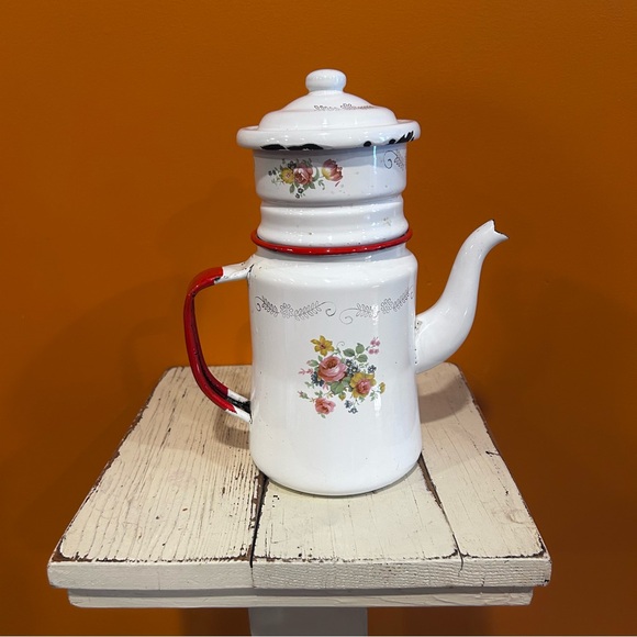 Floral Trea Enamel Coffee Pot with Red Handle‎ made in Mexico vintage French
